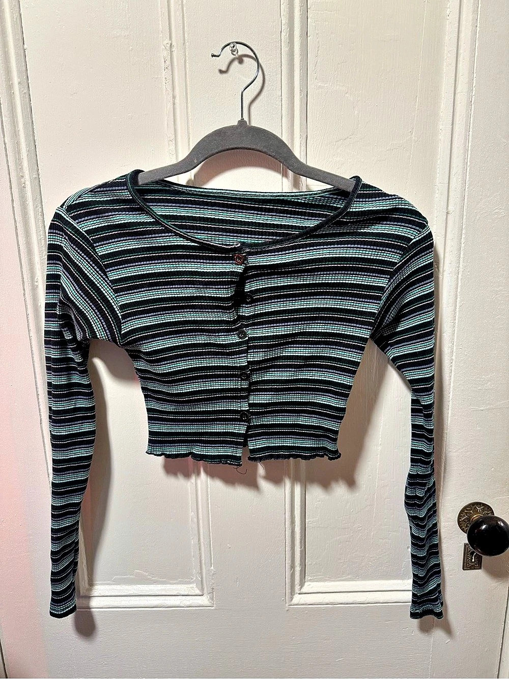 Striped Cropped Long Sleeve Top in Black & Green Size Small